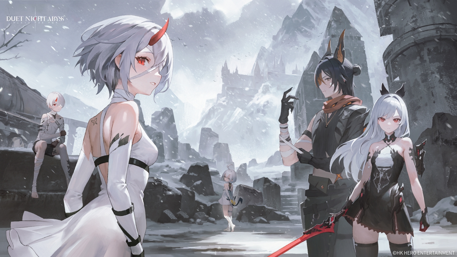 animal_ears, armor, bandage, barefoot, berenica_(duet_night_abyss), black_hair, brown_eyes, building, dress, duet_night_abyss, eyepatch, gloves, gray_eyes, gray_hair, group, horns, ikkia, logo, loli, long_hair, male, outsider_(duet_night_abyss), phoxhunter_(duet_night_abyss), pointed_ears, red_eyes, ruins, scar, scarf, short_hair, shorts, snow, snow_(duet_night_abyss), sword, tail, tattoo, the_boy_in_the_dream_(duet_night_abyss), the_girl_in_the_dream_(duet_night_abyss), watermark, weapon, white_hair, winter, zettai_ryouiki