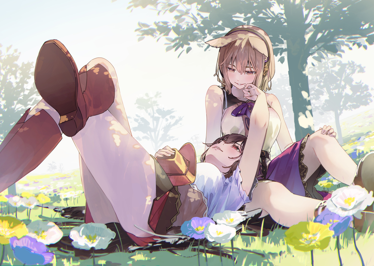 2girls, boots, bow, brown_hair, cowgirl, flowers, grass, hat