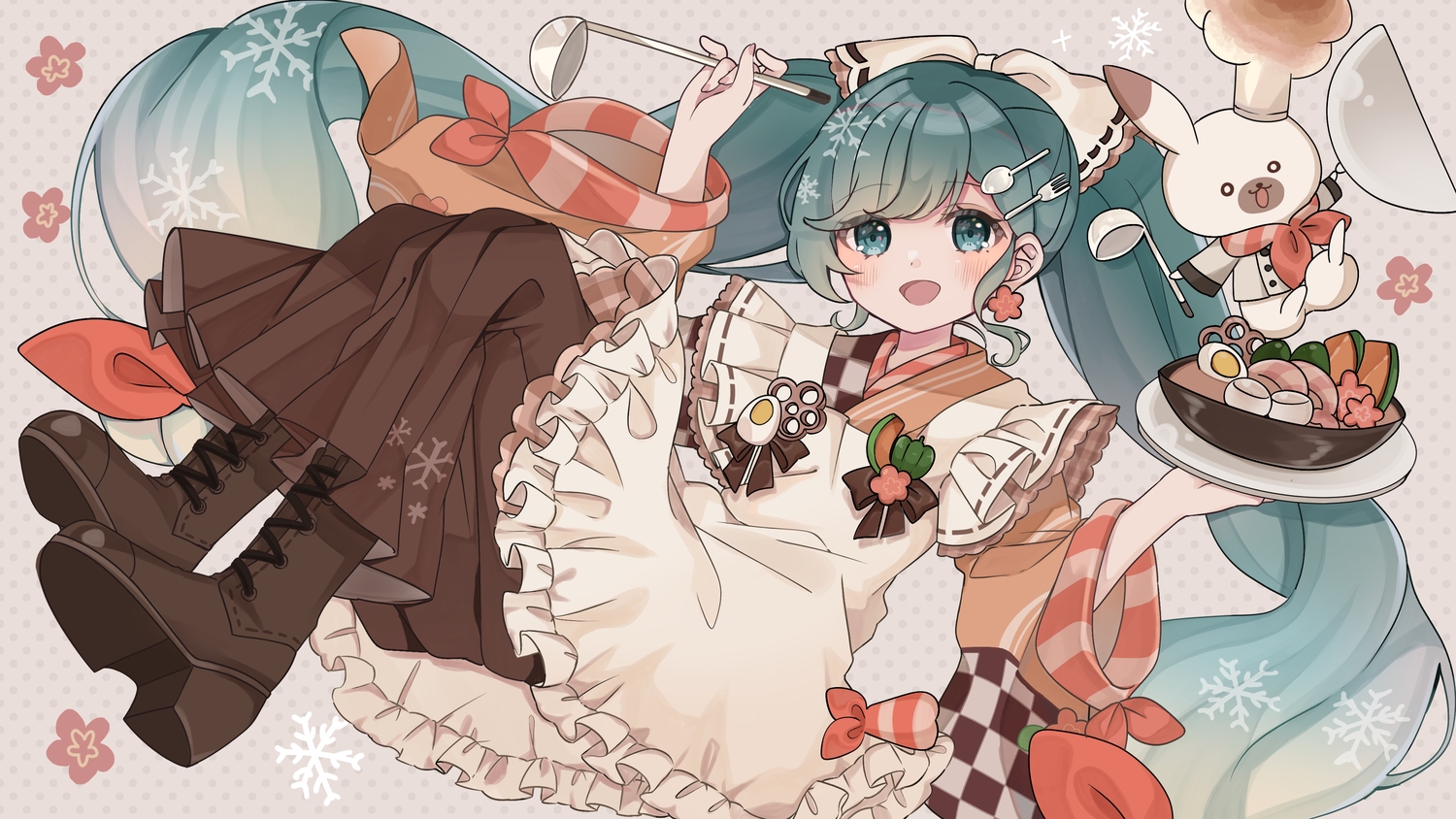 animal, apron, aqua_eyes, blush, boots, bow, food, green_hair