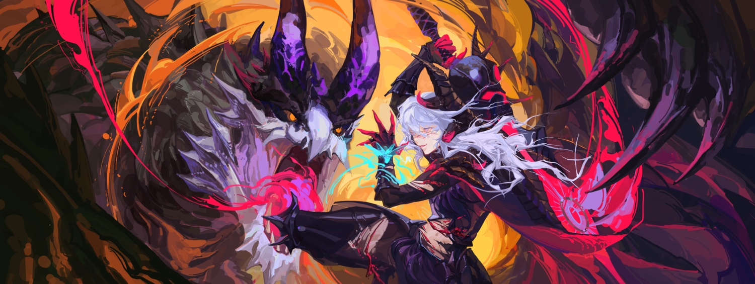all_male, armor, blood, cape, fire, gray_eyes, gray_hair, horns, long_hair, magic, male, monster_hunter, monster_hunter_rise, shagaru_magala, sin_node, sword, torn_clothes, weapon