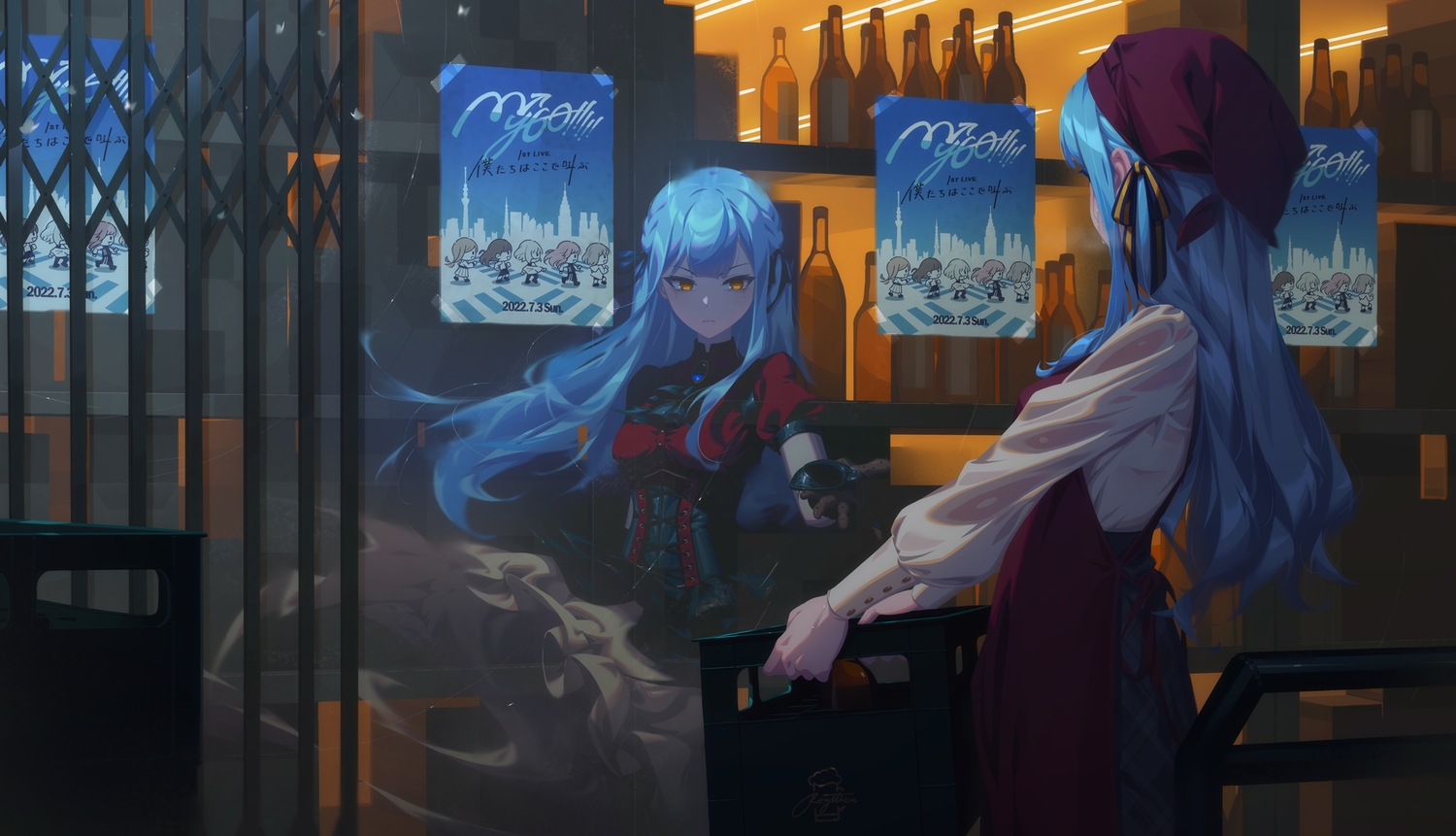 2girls, apron, aqua_hair, bang_dream!, bow, braids, corset, dark