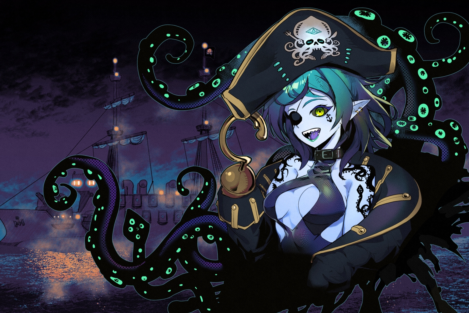 boat, breasts, clouds, collar, eyepatch, green_eyes, hat, night, original, pirate, pointed_ears, reflection, ryuu_tou, sky, tattoo, tentacles, water