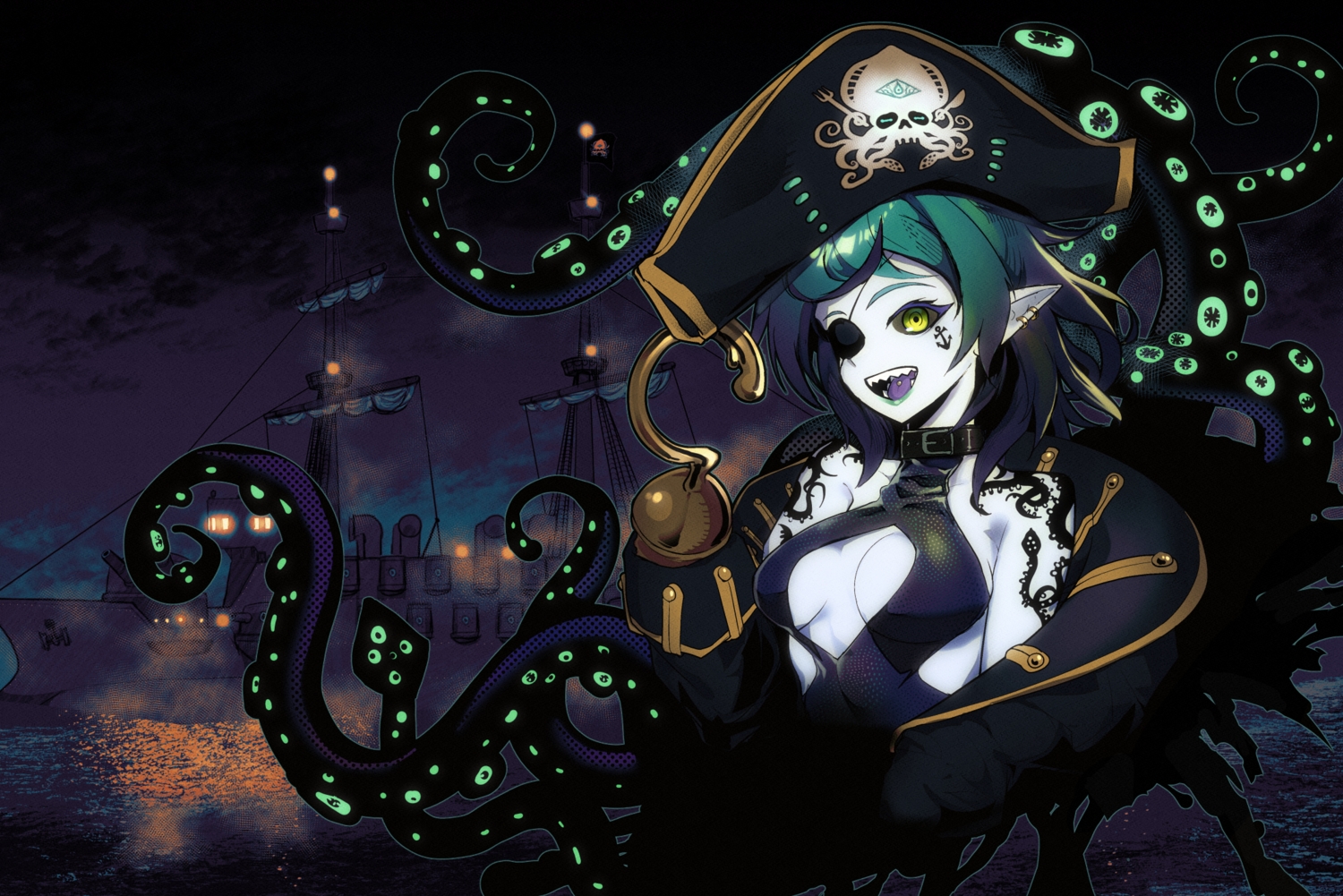 boat, breasts, clouds, collar, dark, eyepatch, green_eyes, hat