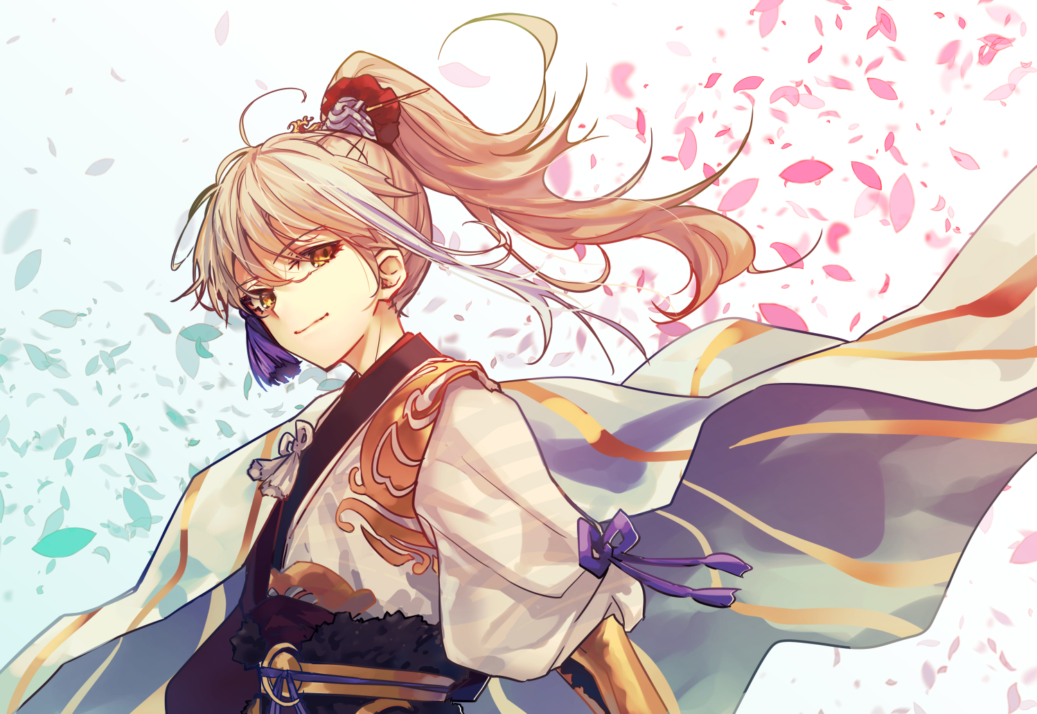 all_male, archer_(fate/samurai_remnant), blonde_hair, cape, chinese_clothes, close, fate/samurai_remnant, fate_(series), kuroaki, long_hair, male, petals, ponytail, yellow_eyes