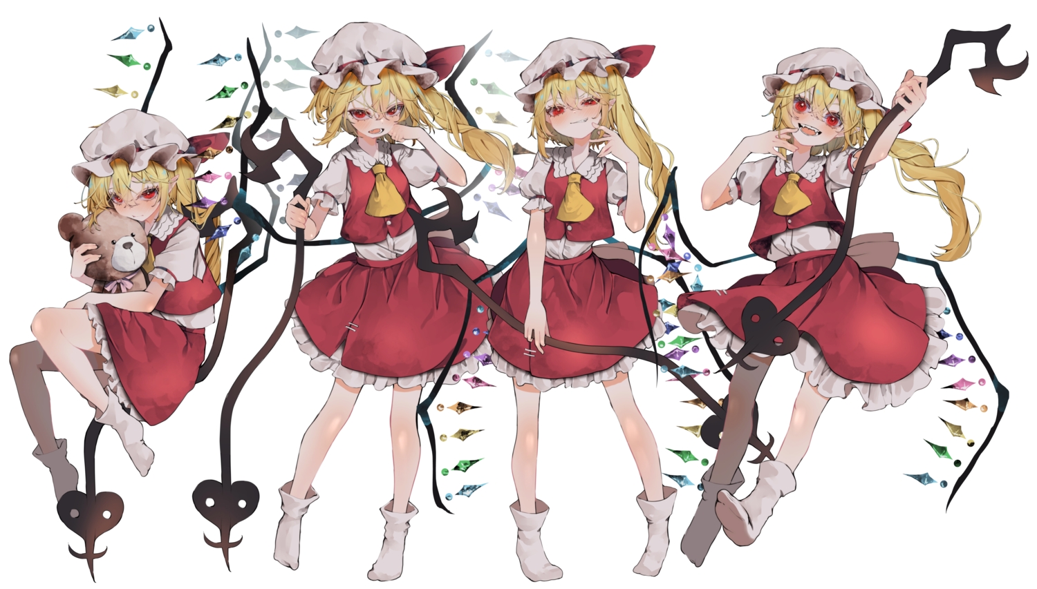 blonde_hair, blush, fang, flandre_scarlet, hat, loli, long_hair, pointed_ears
