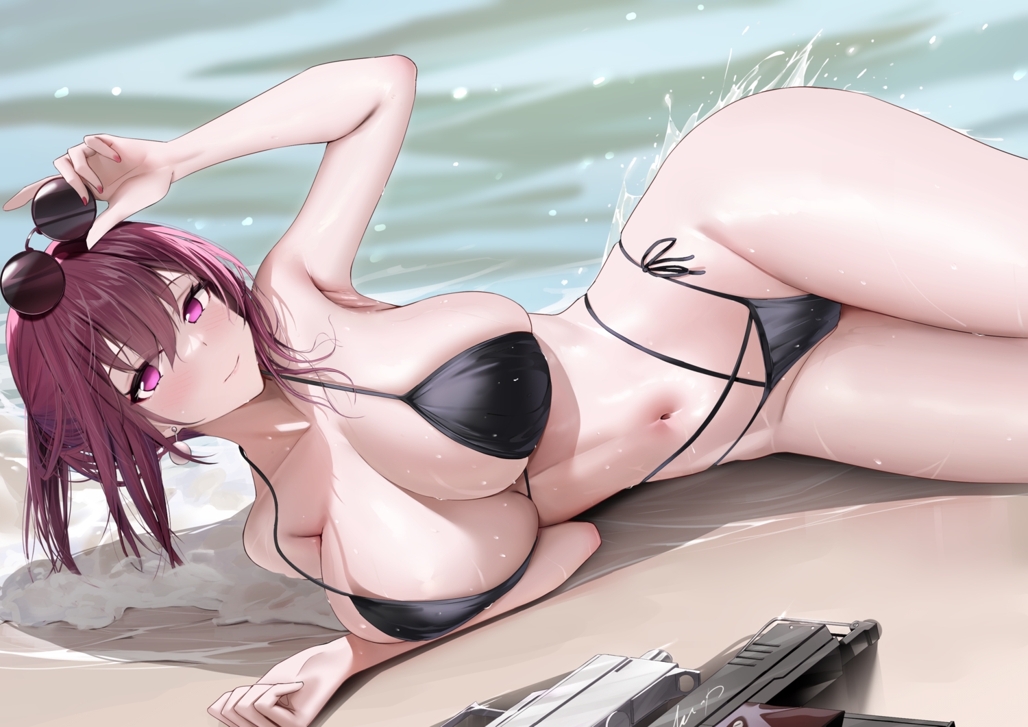 beach, bikini, blush, breasts, cameltoe, cleavage, gun, honkai_(series)