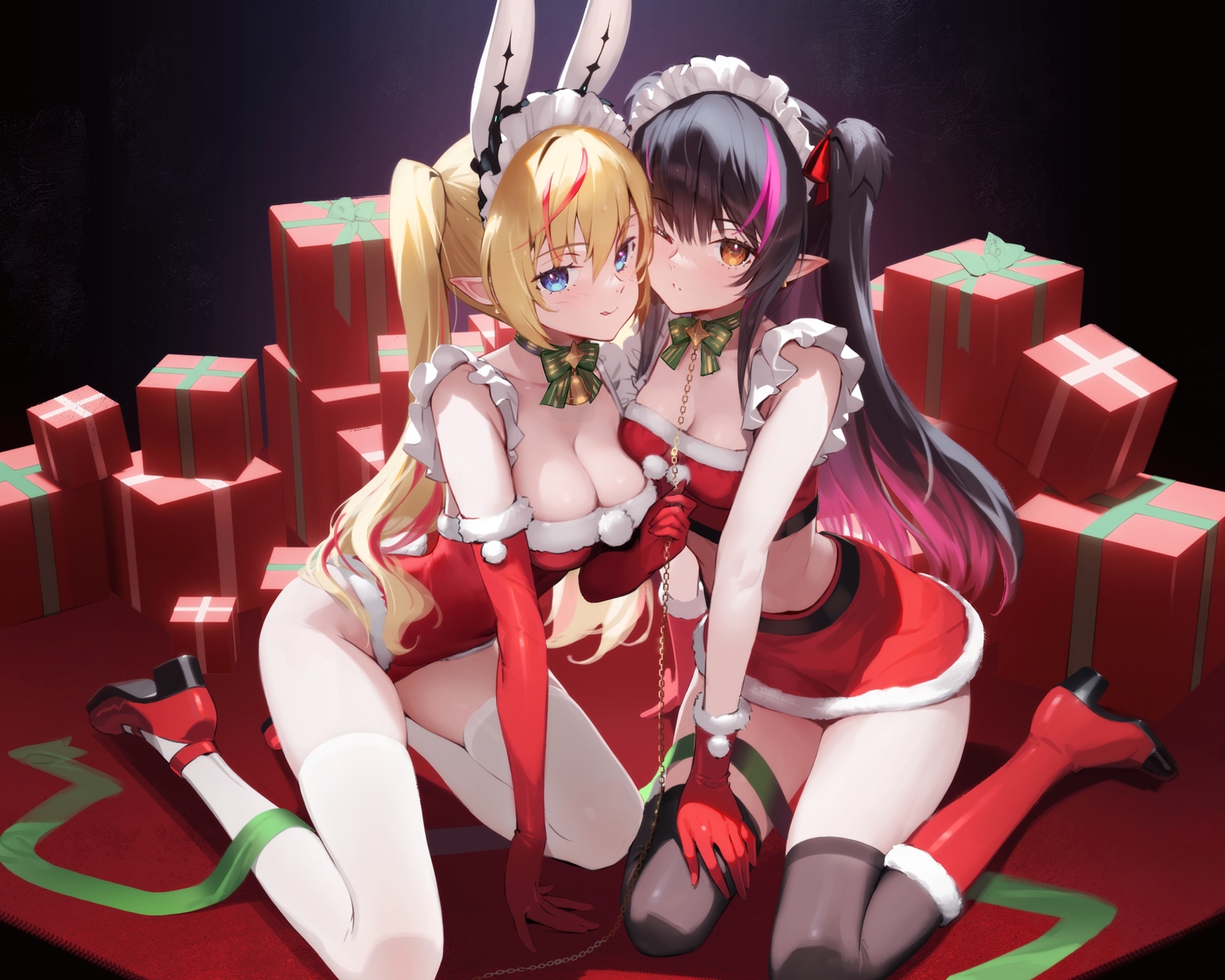 2girls, animal_ears, bell, black_hair, blonde_hair, bondage, boots, bow
