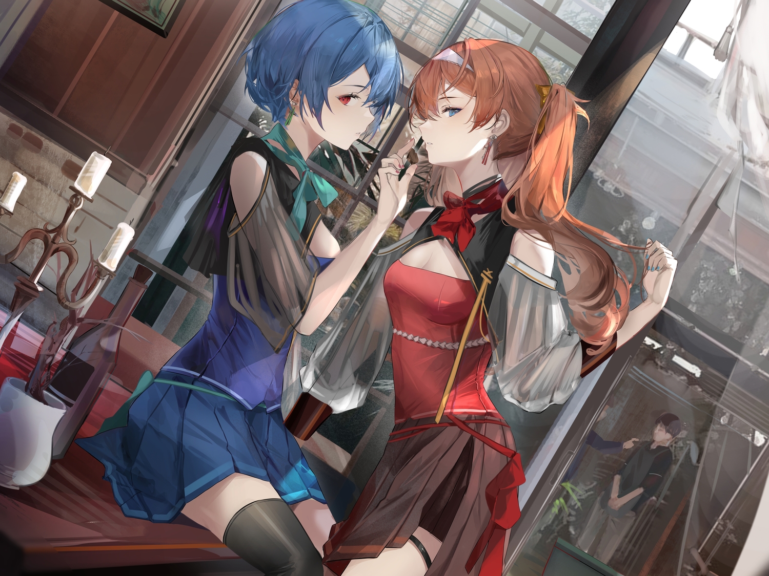 2girls, ayanami_rei, blue_eyes, blue_hair, bow, breasts, chinese_clothes, cleavage