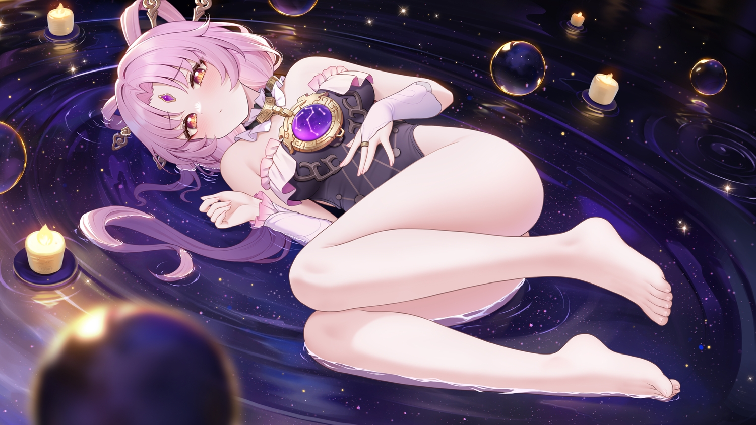 blush, bubbles, choker, fukuro_ko_(greentea), fu_xuan_(honkai:_star_rail), honkai_(series), honkai:_star_rail, leotard
