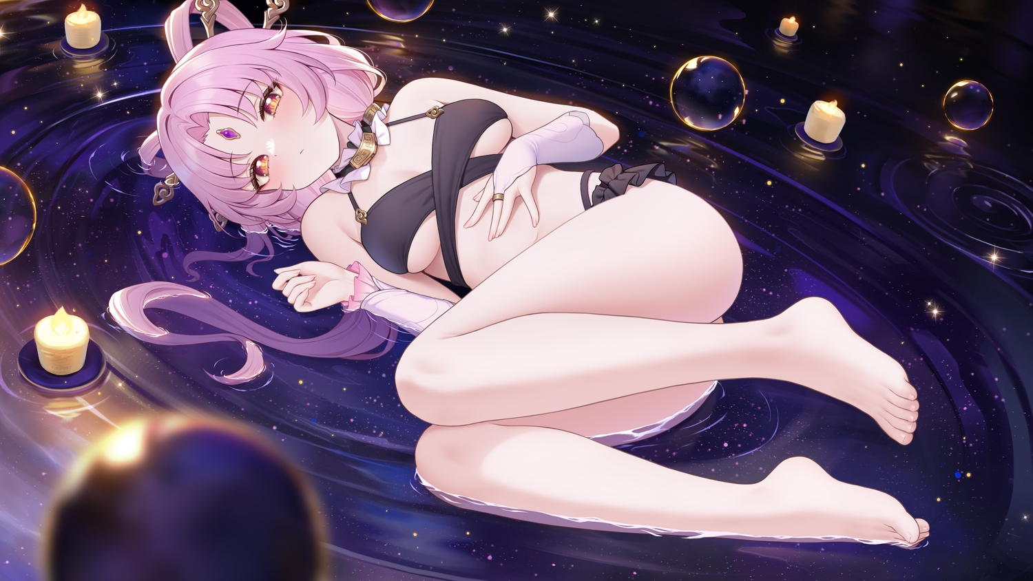 bikini, blush, bubbles, choker, fukuro_ko_(greentea), fu_xuan_(honkai:_star_rail), honkai_(series), honkai:_star_rail