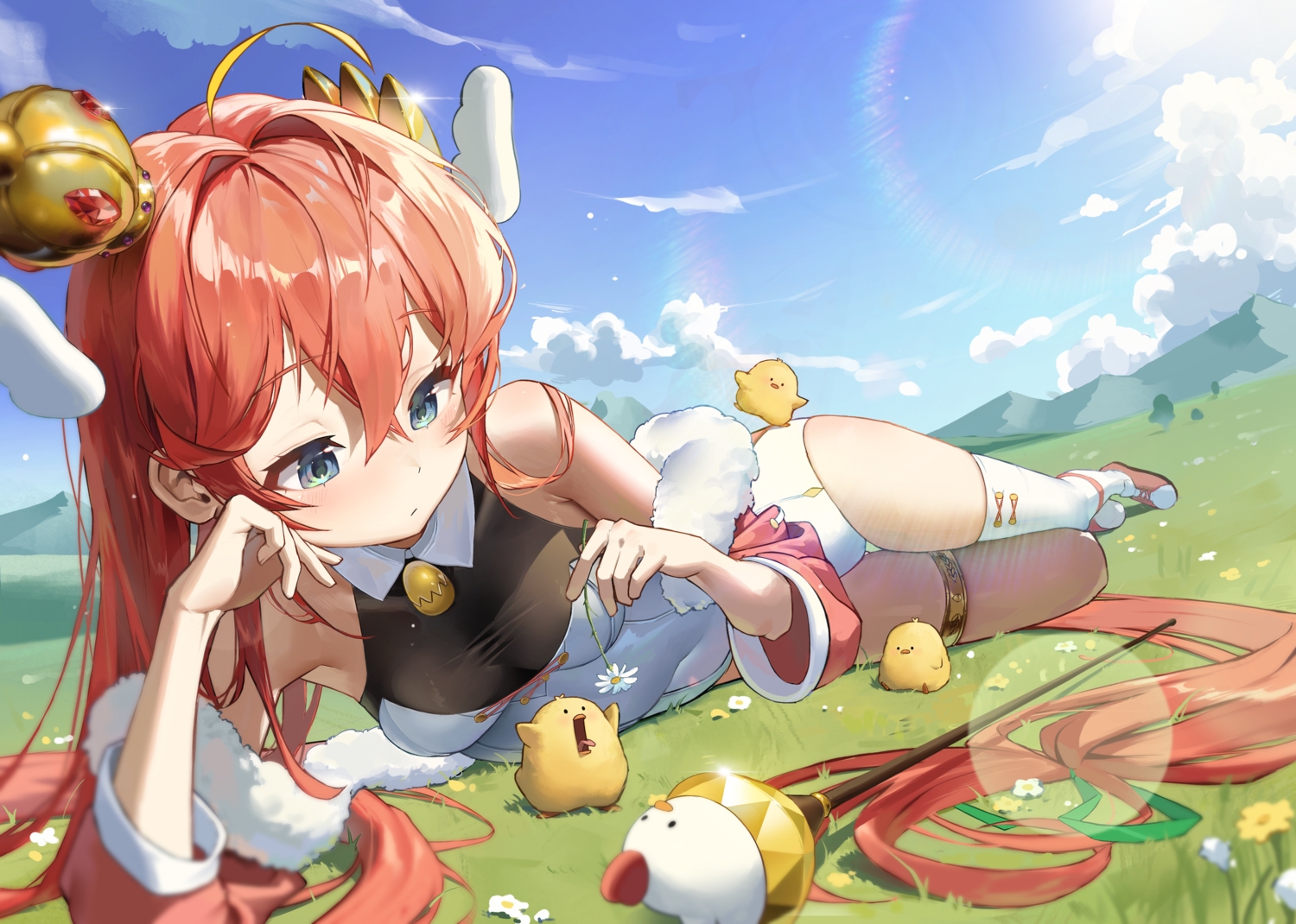 animal, bird, blue_eyes, blush, bodiedwile, clouds, crown, flowers