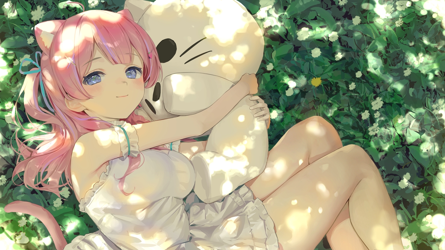 animal_ears, blue_eyes, blush, catgirl, doll, dress, flowers, hug