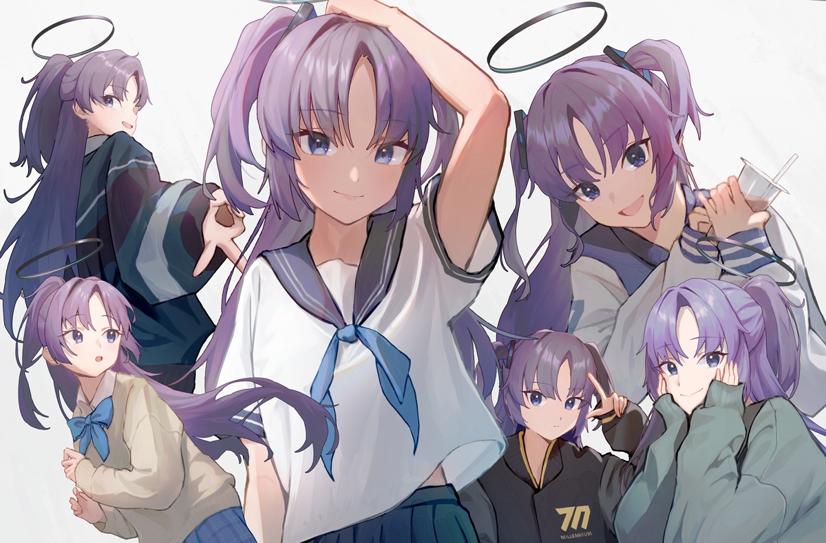 blue_archive, blue_eyes, bow, drink, halo, hayase_yuuka, long_hair, purple_hair