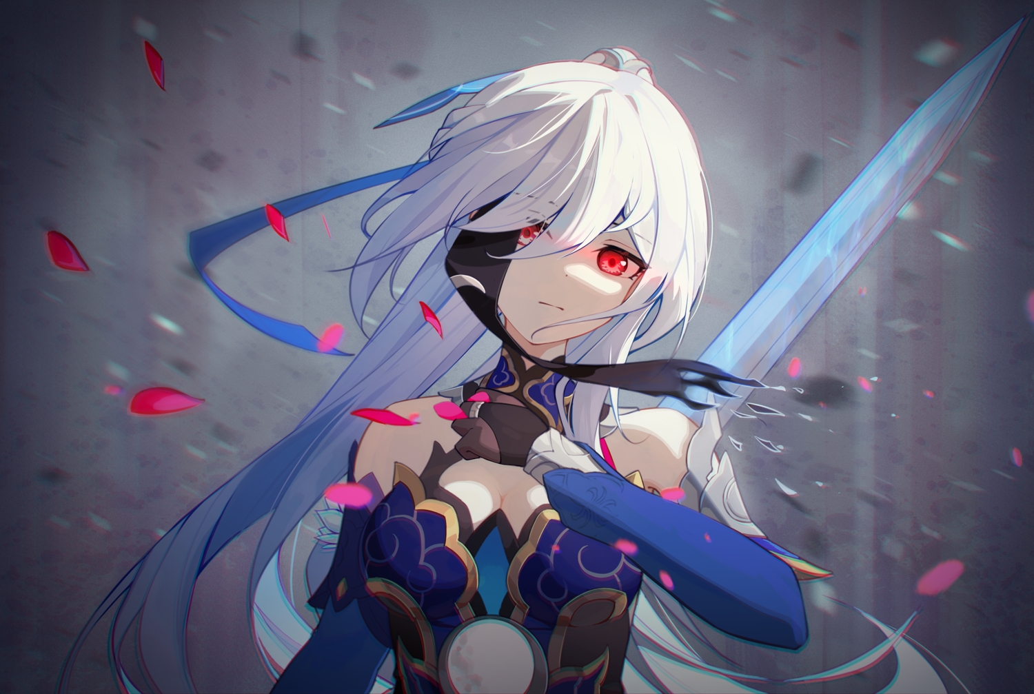 blindfold, breasts, chinese_clothes, cleavage, close, gleam_lin_shi, gloves, honkai_(series)