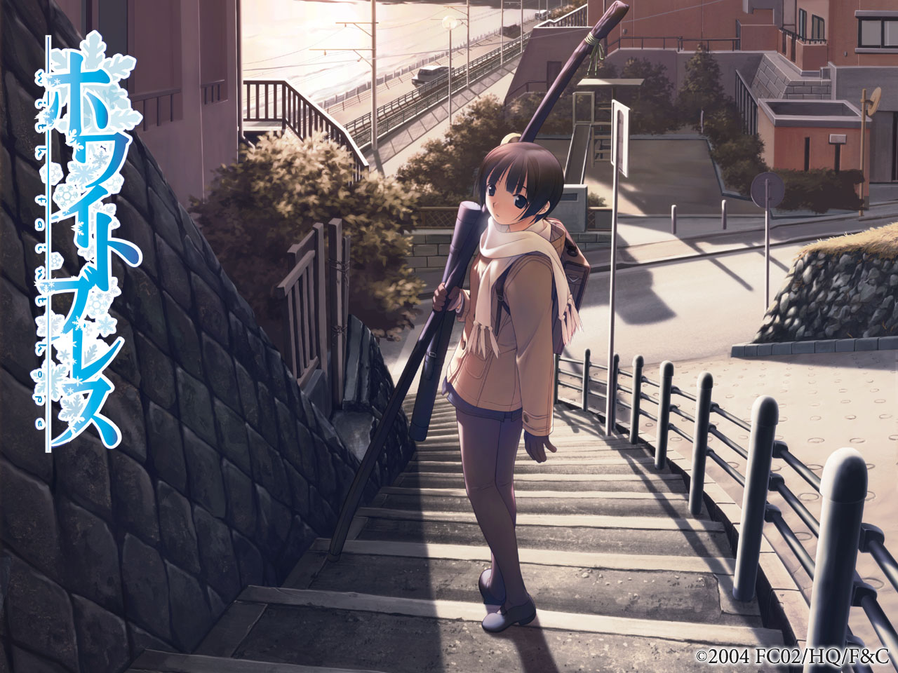 black_eyes, black_hair, building, hashimoto_takashi, katana, pantyhose, scarf, school_uniform, stairs, sword, weapon, white_breath, with_faint_hope