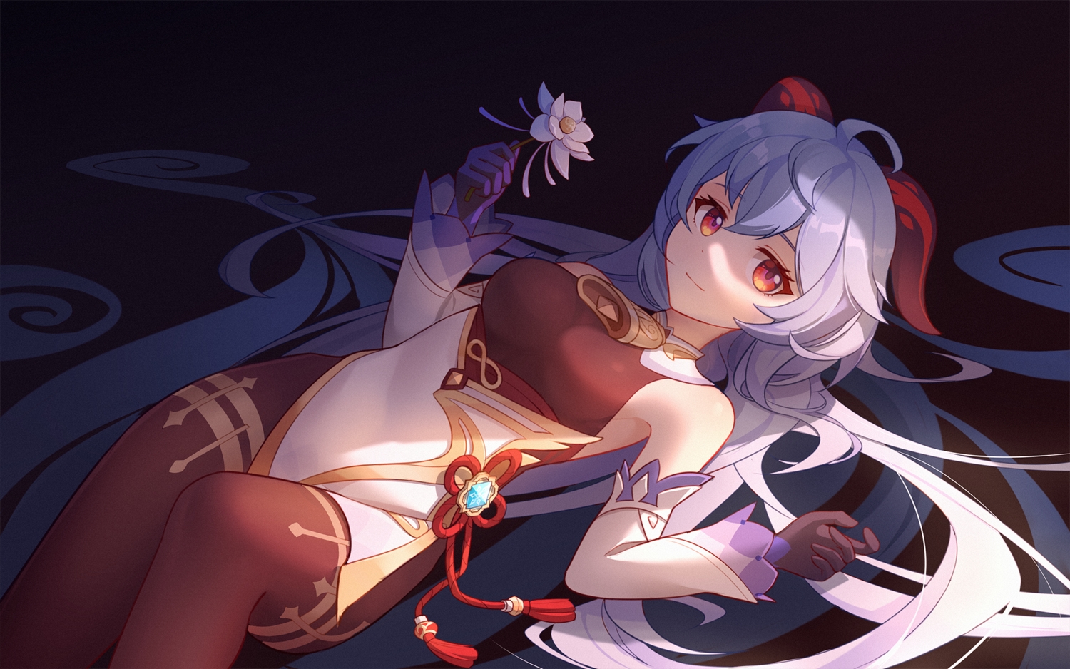 blue_hair, dark, flowers, ganyu_(genshin_impact), genshin_impact, gleam_lin_shi, gloves, horns, leotard, long_hair, pantyhose, red_eyes