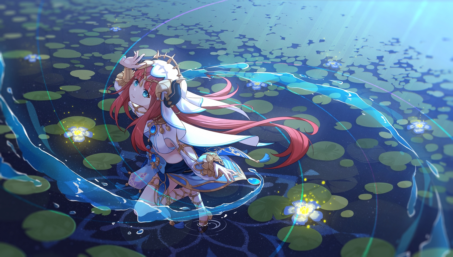 aqua_eyes, flowers, genshin_impact, gleam_lin_shi, headdress, horns, long_hair, nilou_(genshin_impact), red_hair, water