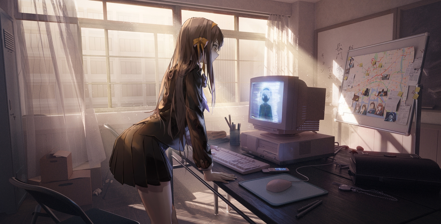 3d, ata-zhubo, bow, brown_hair, computer, headband, long_hair, school_uniform