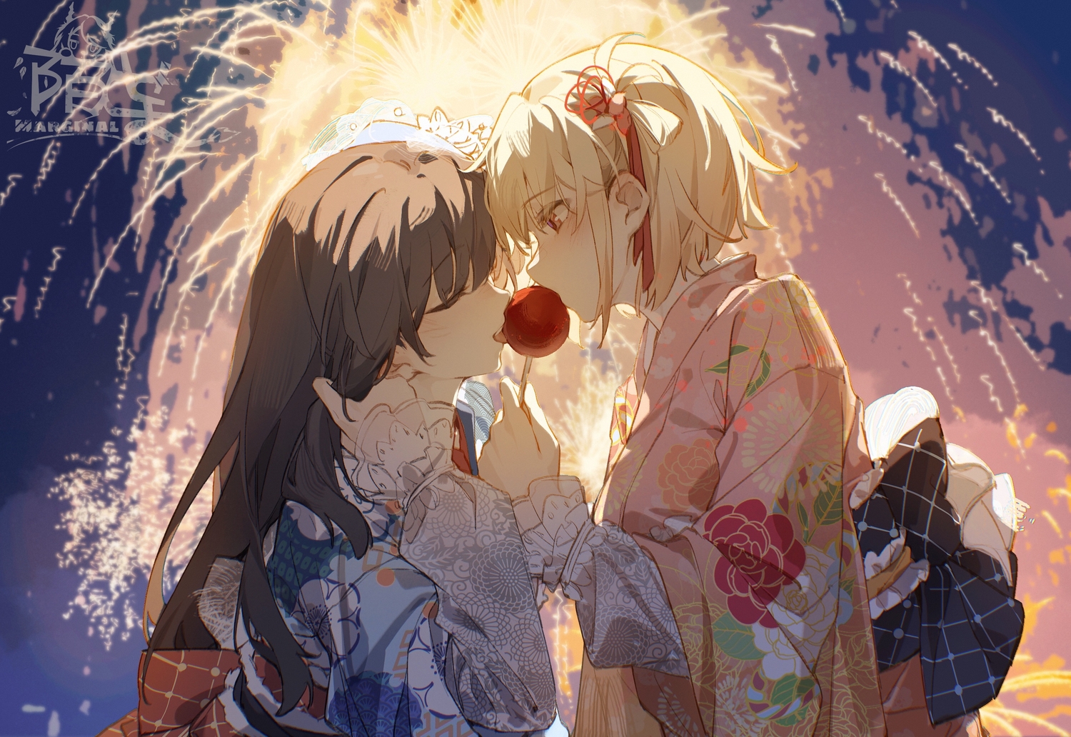 2girls, apple, black_hair, blonde_hair, blush, candy, fireworks, food