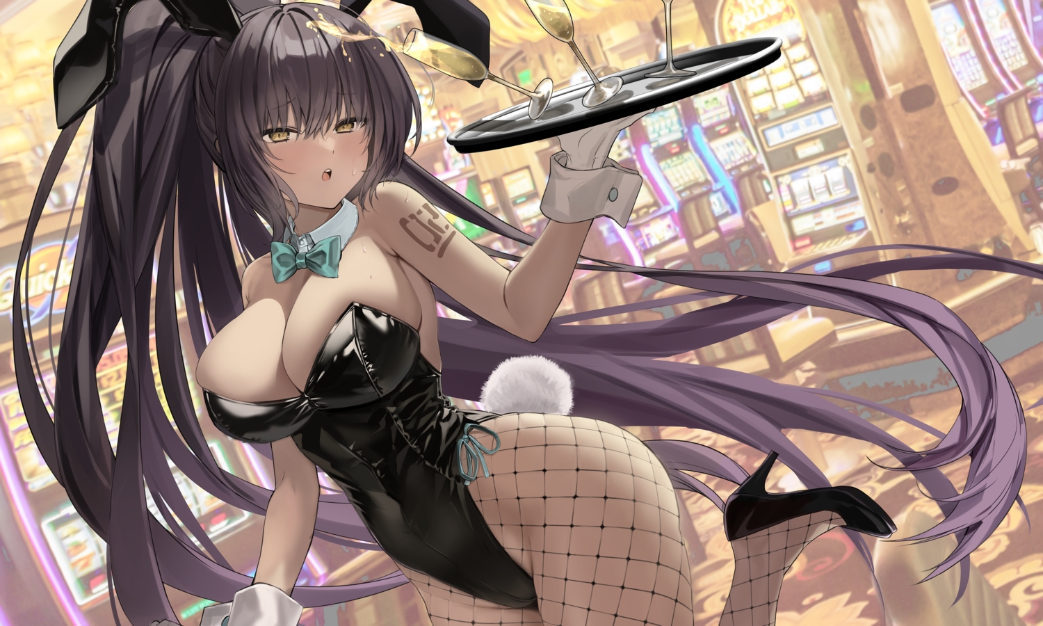 akira_(nupekwa), animal_ears, black_hair, blue_archive, bow, breasts, bunny_ears, bunnygirl, cleavage, dark_skin, drink, gloves, kakudate_karin, leotard, long_hair, ponytail, stockings, tail, tattoo, waitress, yellow_eyes