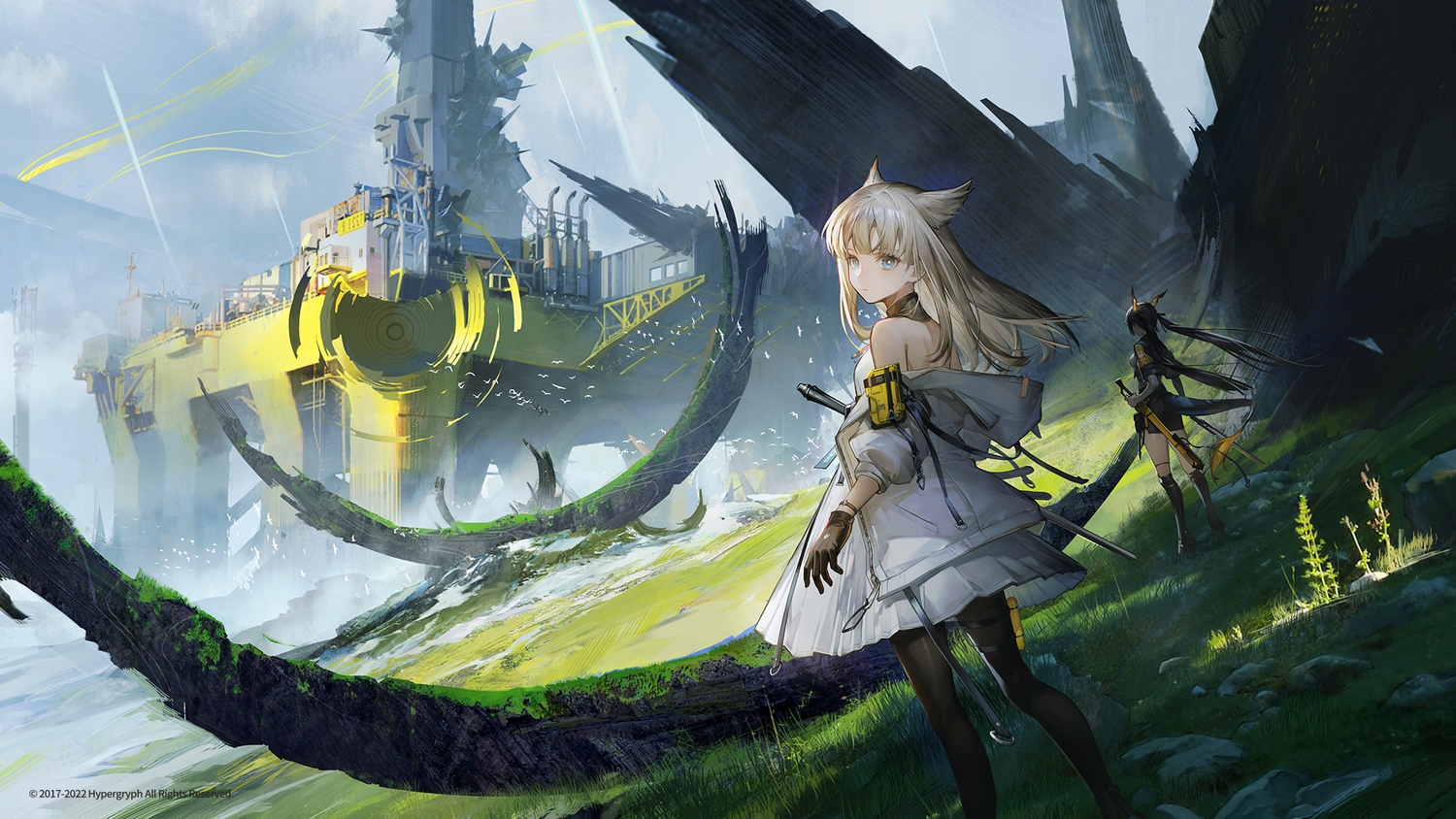 2girls, aliasing, animal_ears, arknights, arknights:_endfield, blonde_hair, blue_eyes, chen_qianyu_(arknights), dress, gloves, grass, industrial, liduke, long_hair, pantyhose, perlica_(arknights), scenic, sword, weapon
