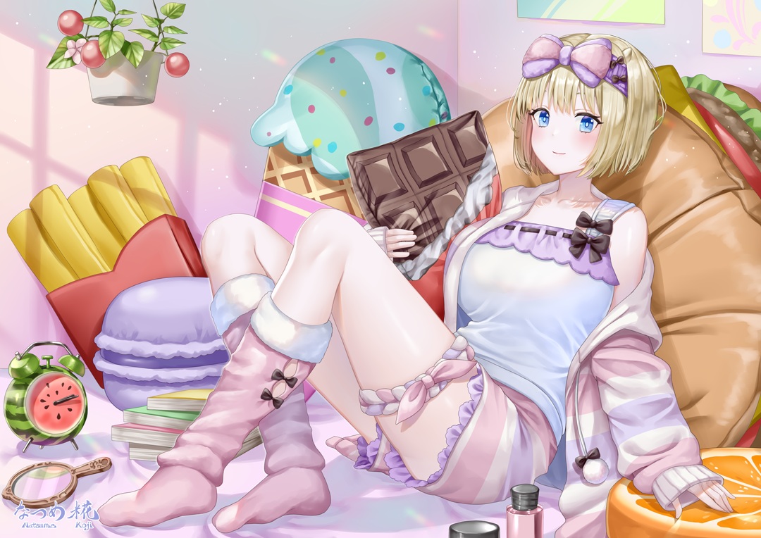 bed, blonde_hair, blue_eyes, book, bow, brown_dust, brown_dust_2, garter