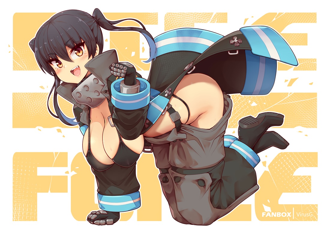 armor, bikini, black_hair, blush, boots, breasts, brown_eyes, cleavage, enen_no_shouboutai, erect_nipples, fang, gloves, kotatsu_tamaki, long_hair, swimsuit, twintails, uniform, virus-g, watermark