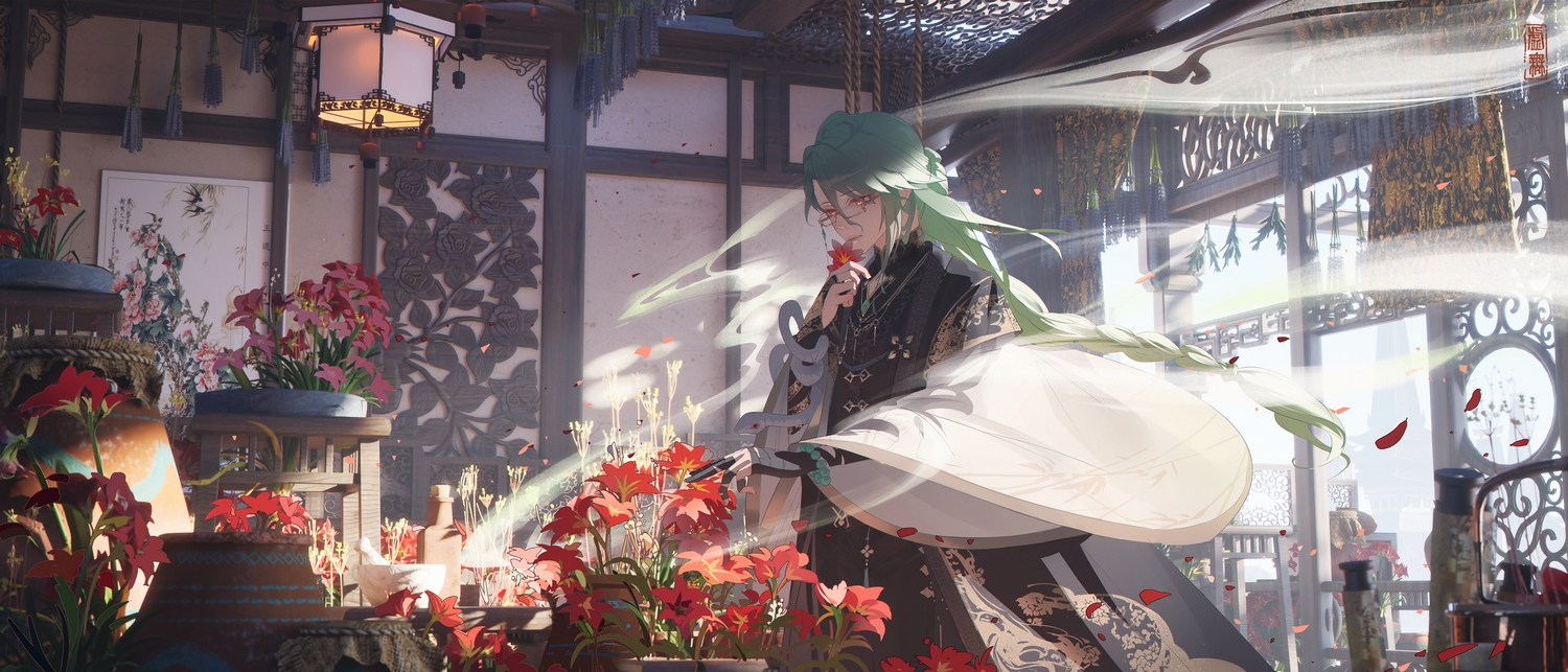 3d, all_male, animal, baizhu_(genshin_impact), bandage, braids, chinese_clothes, flowers, genshin_impact, glasses, green_hair, long_hair, male, petals, snake, void_0, watermark, wristwear, yellow_eyes