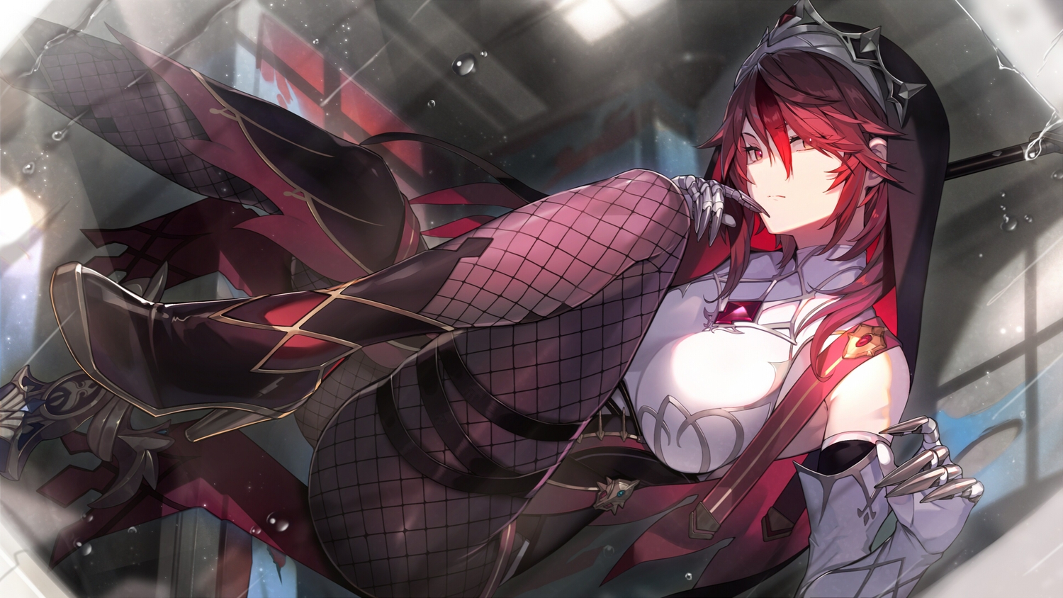 armor, boots, corset, elbow_gloves, garter, genshin_impact, gloves, headdress