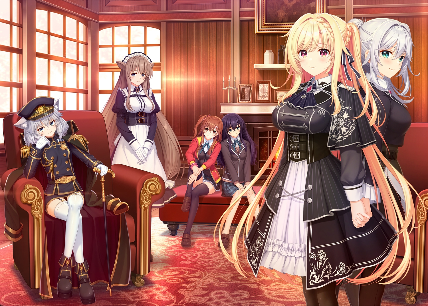 alpha_(alpha91), animal_ears, apron, aqua_eyes, blonde_hair, blue_eyes, blush, boots, bow, braids, brown_hair, cape, corset, cross, garter_belt, gloves, goth-loli, gray_hair, green_eyes, group, headdress, lolita_fashion, long_hair, maid, military, necklace, pantyhose, pink_eyes, ponytail, purple_hair, red_eyes, saiki_rider, school_uniform, shirt, short_hair, shoujo_ai, skirt, stockings, tagme_(character), thighhighs, uniform, unravel_trigger, wristwear