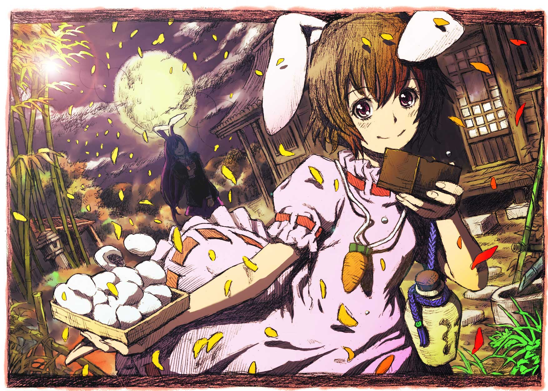 2girls, animal_ears, bunny_ears, bunnygirl, drink, food, inaba_tewi, lefthand