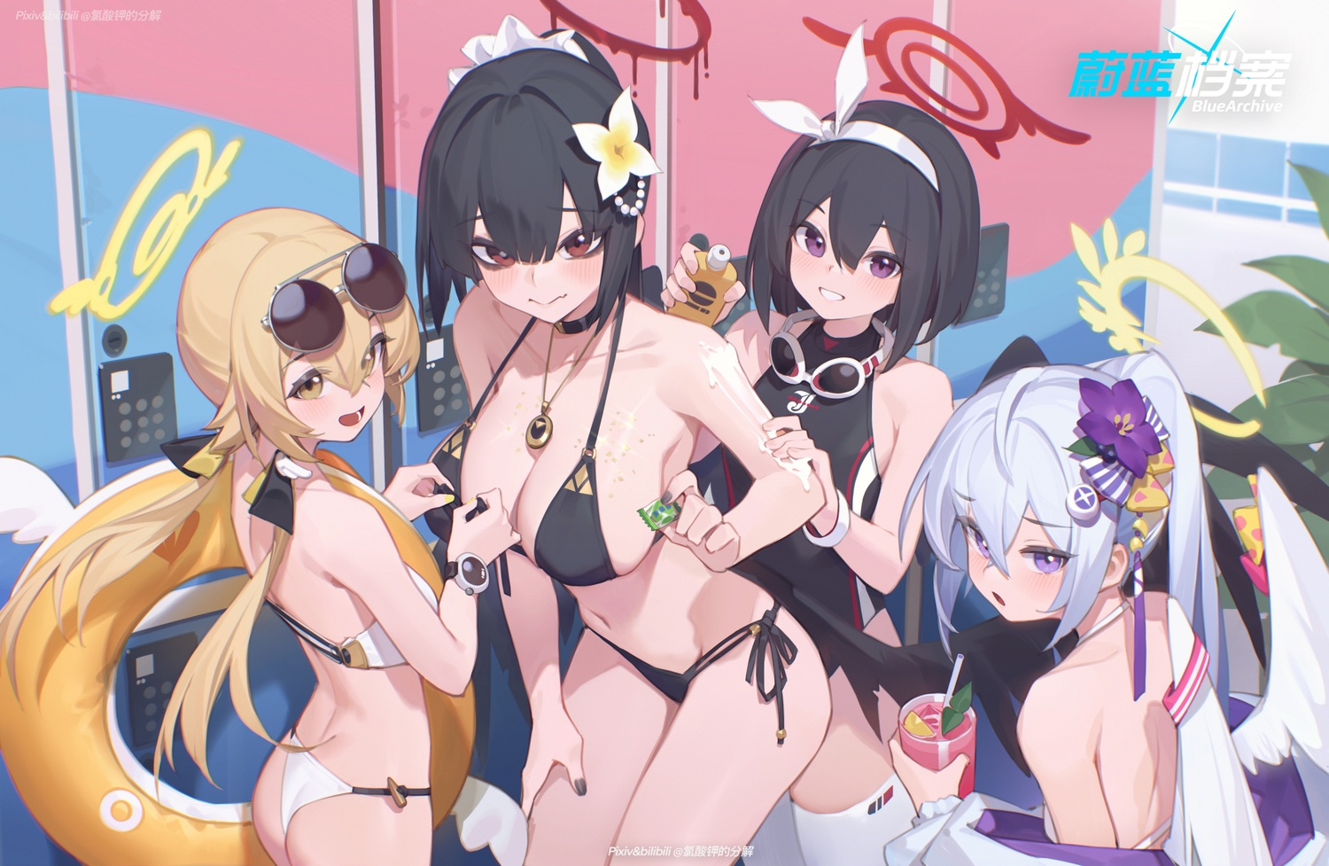 ajitani_hifumi, bikini, bilibili_xiaolu, black_hair, blonde_hair, blue_archive, blush, breasts