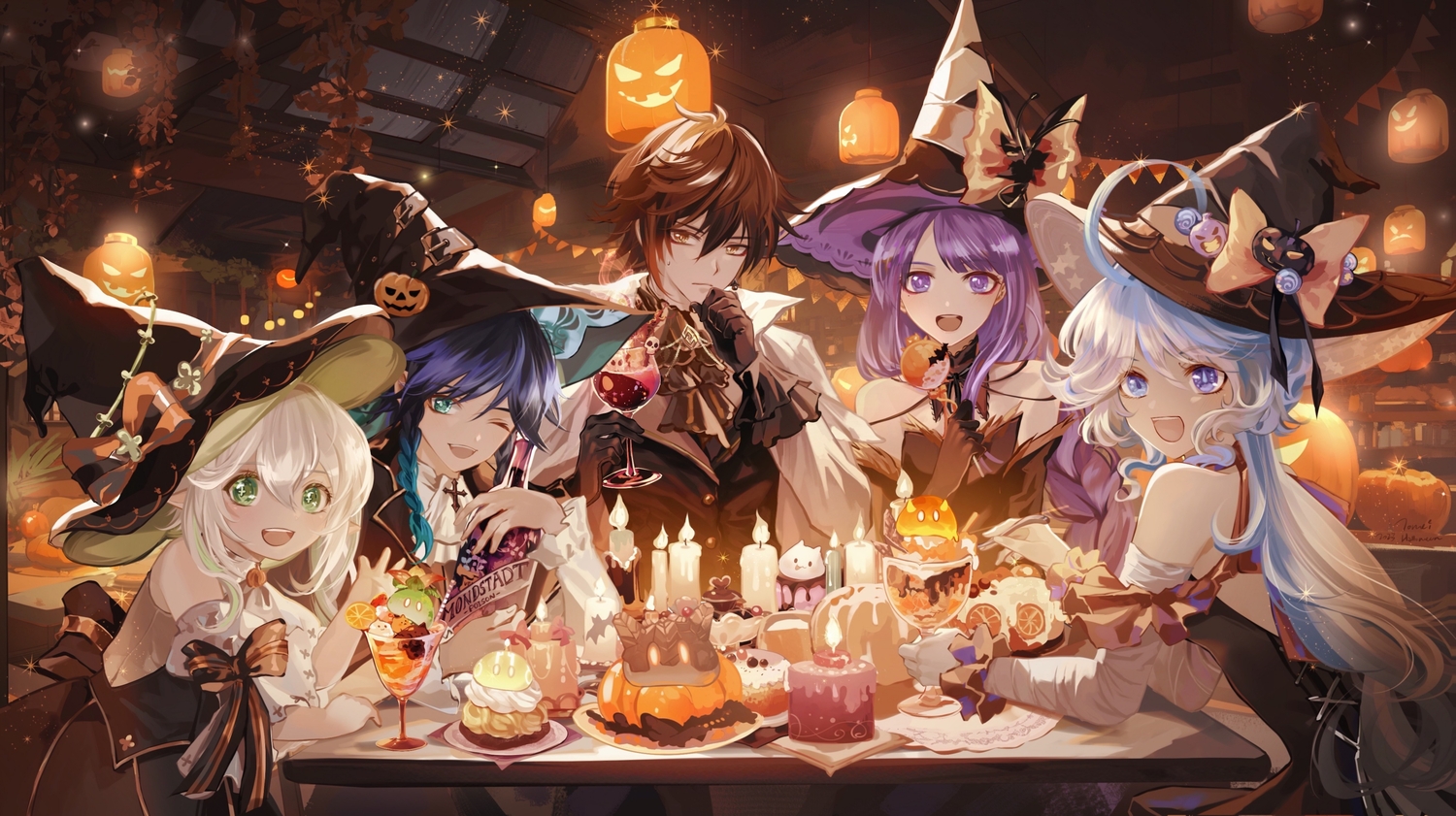 aqua_eyes, bicolored_eyes, blue_eyes, blue_hair, bow, braids, brown_eyes, brown_hair, candy, choker, cross, dress, drink, elbow_gloves, food, furina_(genshin_impact), genshin_impact, gloves, green_eyes, group, halloween, hat, loli, lollipop, long_hair, male, nahida_(genshin_impact), pointed_ears, pumpkin, purple_eyes, purple_hair, raiden_shogun, touming_tomei, venti_(genshin_impact), white_hair, wink, witch_hat, zhongli_(genshin_impact)