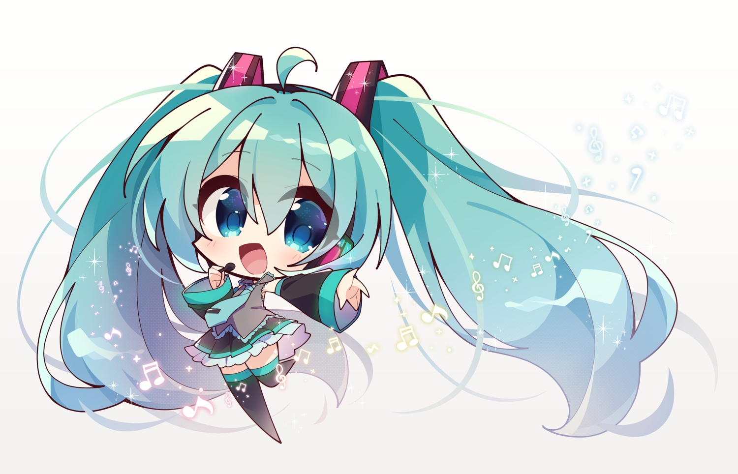 aqua_eyes, aqua_hair, blush, chibi, hatsune_miku, headphones, long_hair, microphone, misosiru_0224, music, skirt, thighhighs, tie, twintails, vocaloid