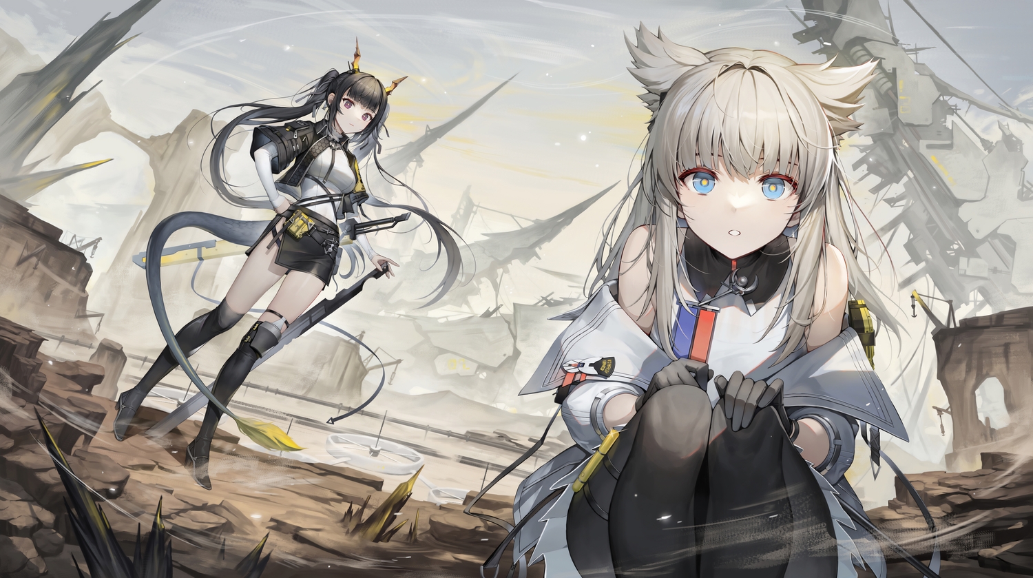 2girls, animal_ears, arknights, arknights:_endfield, black_hair, blonde_hair, blue_eyes, chen_qianyu_(arknights)