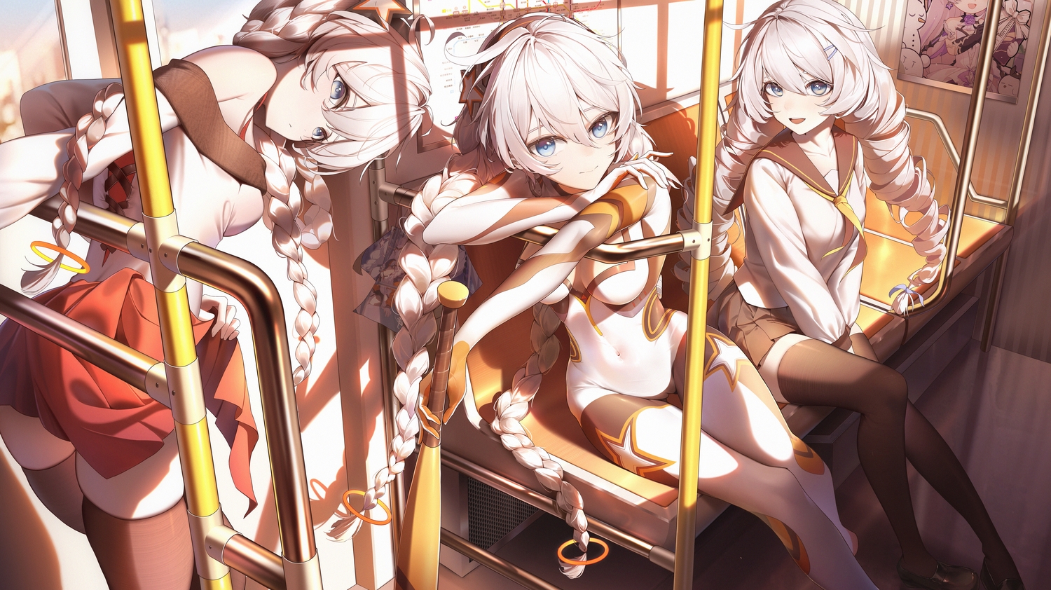 blue_eyes, bodysuit, braids, breasts, cameltoe, group, honkai_impact, honkai_(series)