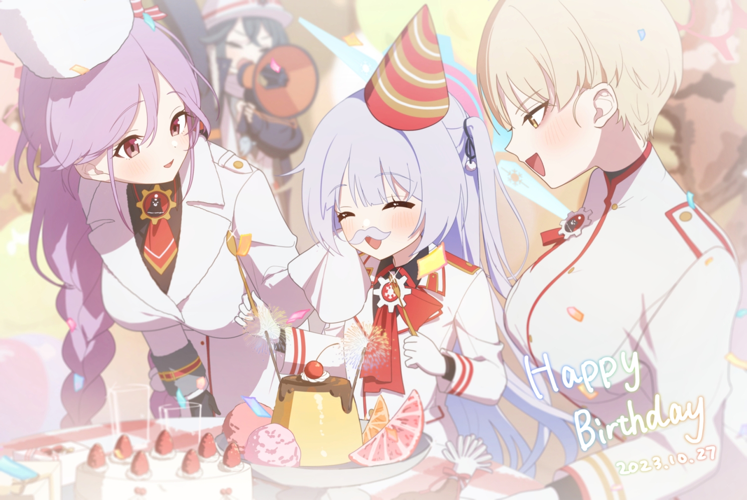 black_hair, blonde_hair, blue_archive, blush, bow, braids, cake, cherry