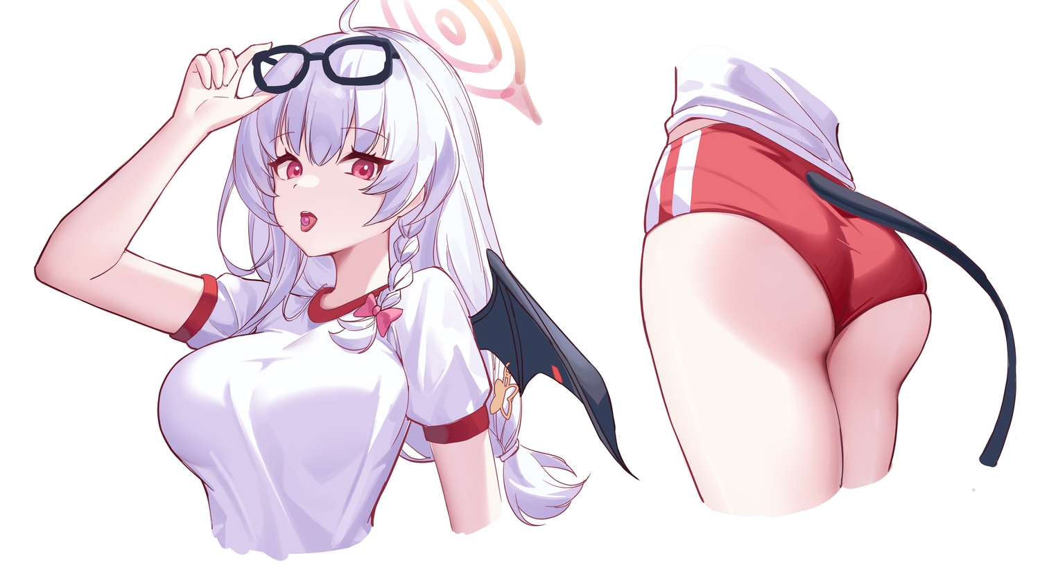 ass, bloomers, blue_archive, bow, braids, breasts, candy, close