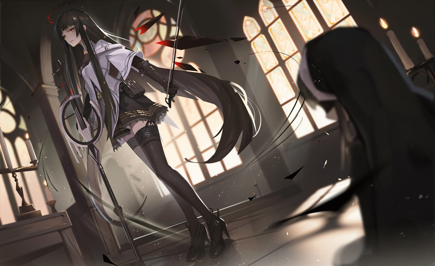 arknights, black_hair, garter_belt, gloves, halo, instrument, long_hair, skirt