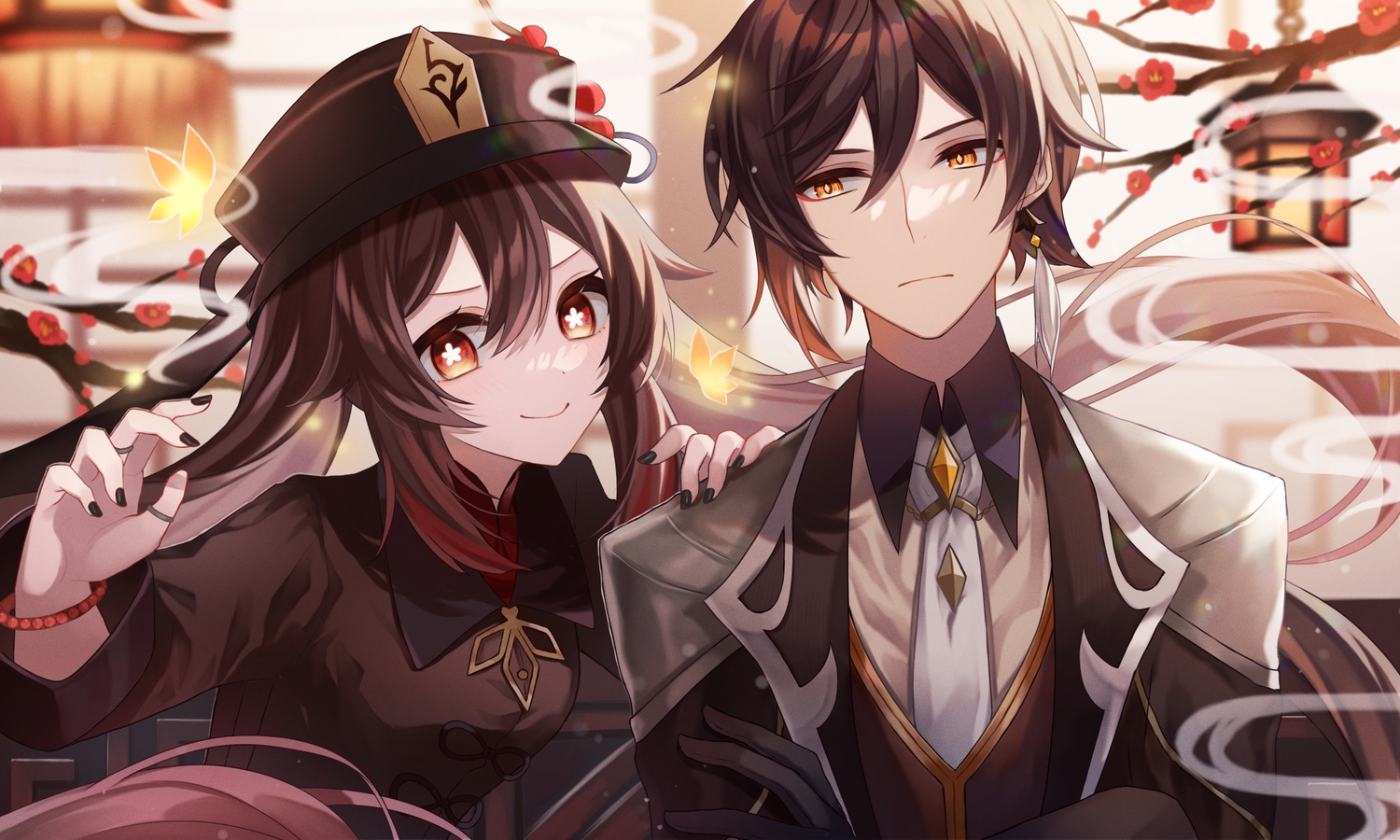 brown_hair, chinese_clothes, close, flowers, genshin_impact, gloves, hat, hu_tao_(genshin_impact)