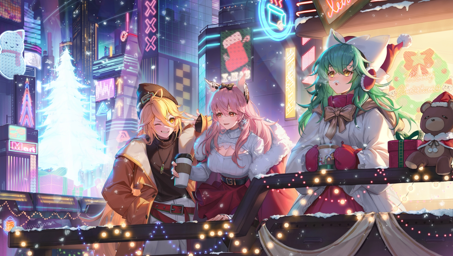 animal_ears, antonina_(neural_cloud), blonde_hair, blush, building, christmas, city, f.k_(hs225kr), green_hair, group, hat, neural_cloud, persica_(neural_cloud), pink_hair, red_eyes, sol_(neural_cloud), teddy_bear, winter, yellow_eyes