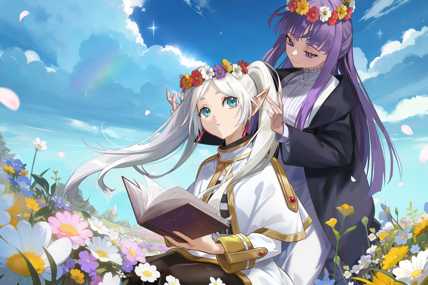 2girls, aqua_eyes, book, cape, clouds, dress, fern_(sousou_no_frieren), flowers