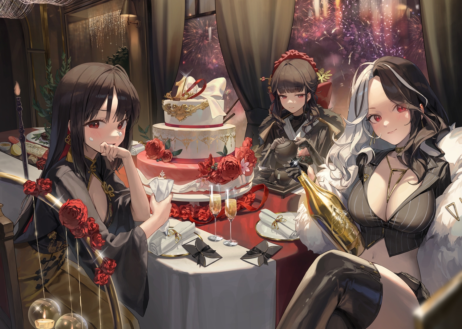 black_hair, blush, boots, breasts, cake, choker, cleavage, drink, elbow_gloves, fireworks, flowers, food, gloves, goddess_of_victory:_nikke, long_hair, moran_(nikke), navel, necklace, night, red_eyes, rosanna_(nikke), rose, sakura_(nikke), thighhighs, xi_xeong