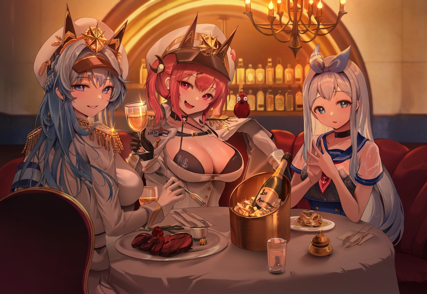 anchor_(nikke), animal, aqua_eyes, bikini, bird, blue_hair, blush, braids