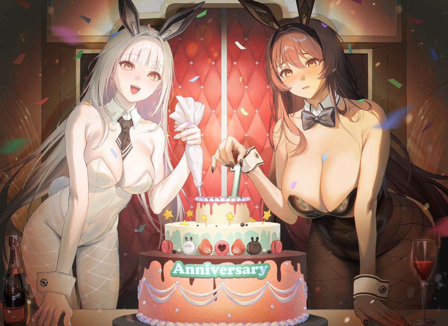 2girls, aliasing, animal_ears, blanc_(nikke), blush, bow, breasts, brown_eyes