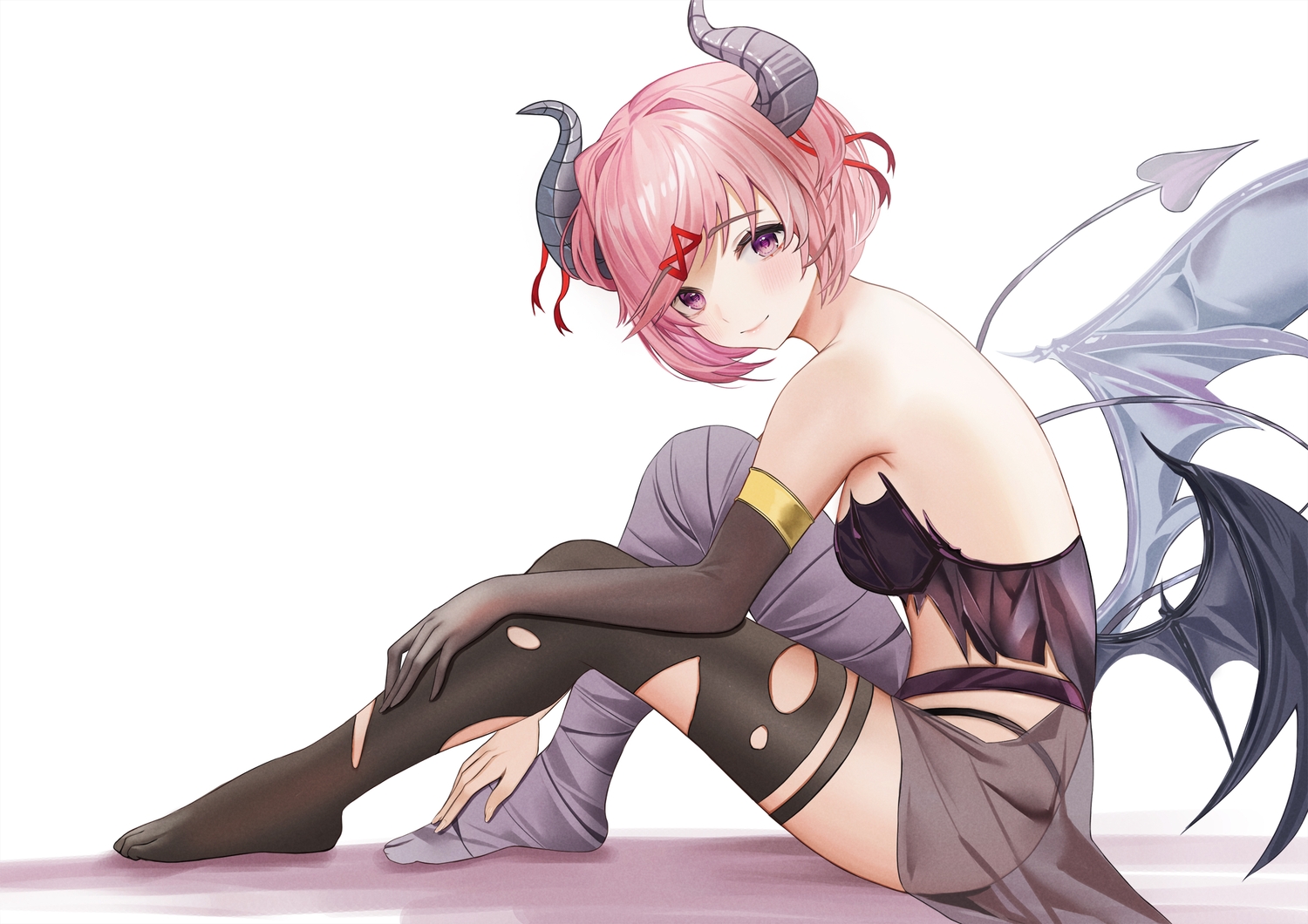 blush, doki_doki_literature_club!, elbow_gloves, gloves, horns, natsuki_(ddlc), pink_hair, purple_eyes