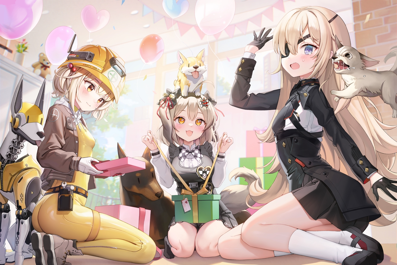animal, animal_ears, ass, bell, biscuit_(nikke), blonde_hair, blue_eyes, blush, bow, brown_hair, cat_smile, dog, doggirl, dress, eyepatch, fang, flat_chest, gloves, goddess_of_victory:_nikke, guillotine_(nikke), hat, hood, jehyun, kneehighs, liter_(nikke), long_hair, orange_eyes, ribbons, robot, shirt, short_hair, tail, tears, uniform, yellow_eyes