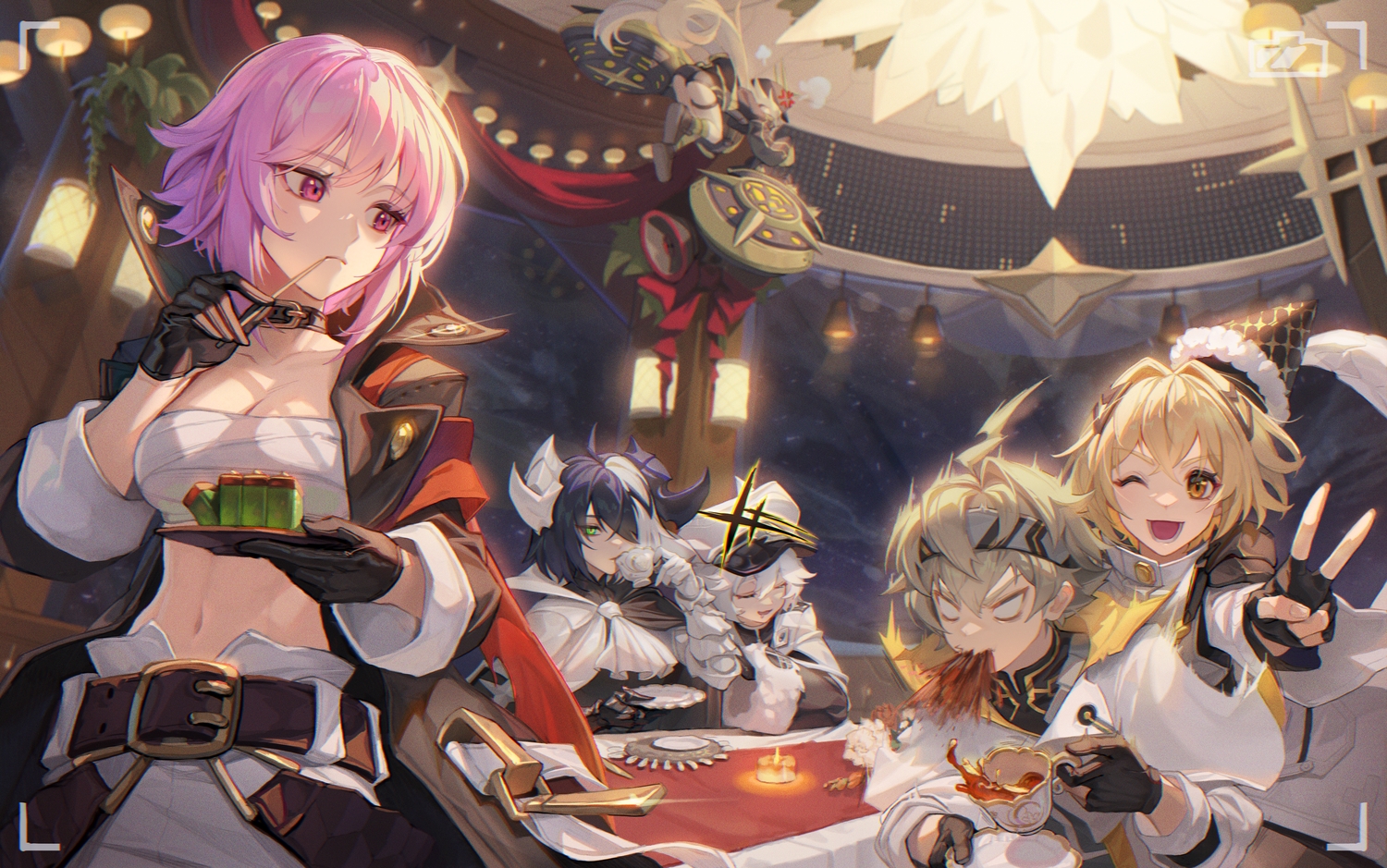 alchemy_stars, blonde_hair, f.k_(hs225kr), food, gray_hair, green_eyes, gronru_(alchemy_stars), group
