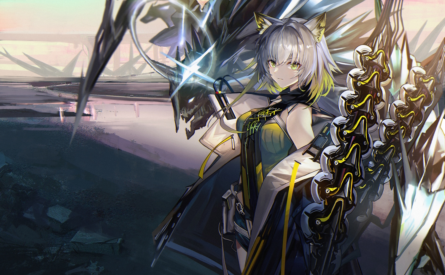 animal_ears, arknights, catgirl, gray_hair, green_eyes, jia_redian_ruzi_ruzi, kal'tsit_(arknights), short_hair