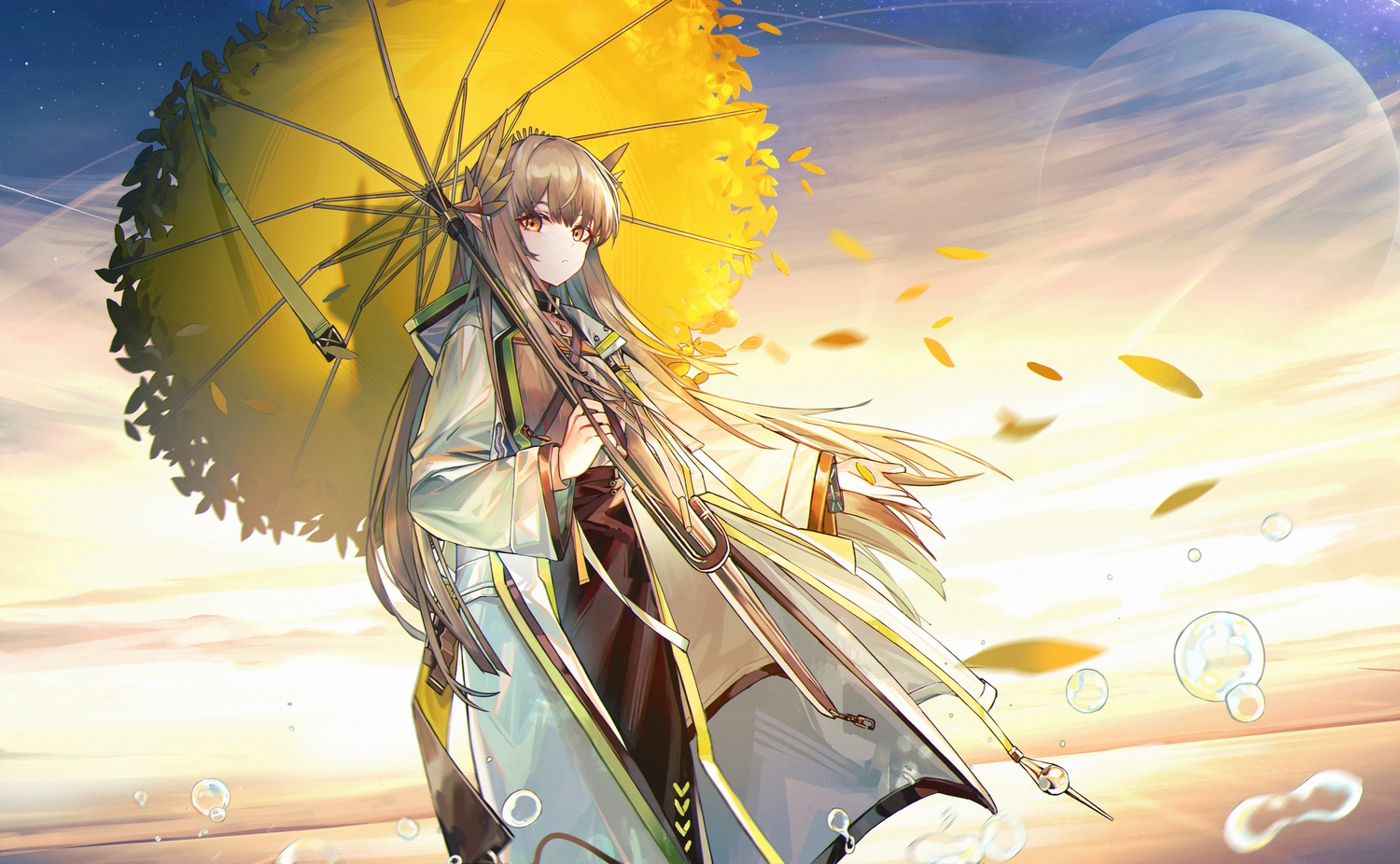 arknights, brown_eyes, brown_hair, bubbles, choker, jia_redian_ruzi_ruzi, leaves, long_hair